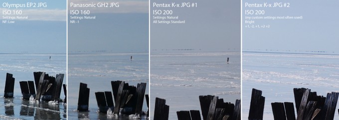 Starting on the Left, EP2, GH2, Pentax Kx and Pentax Kx my custom settings... Click to see full size