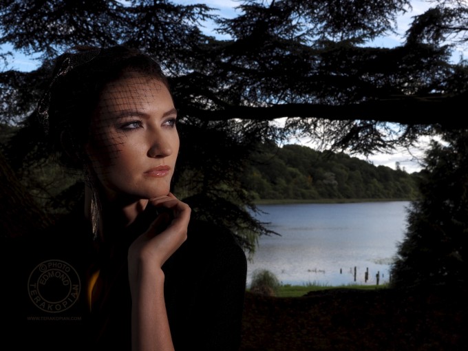 Portrait of a model and lake. Olympus OM-D EM-1 Test Shot using the new Olympus 12mm-40mm f2.8 lens.  Castle Leslie, Glaslough, Ireland. September 10, 2013. Photo: ©Edmond Terakopian    *jpeg image processed in Aperture*